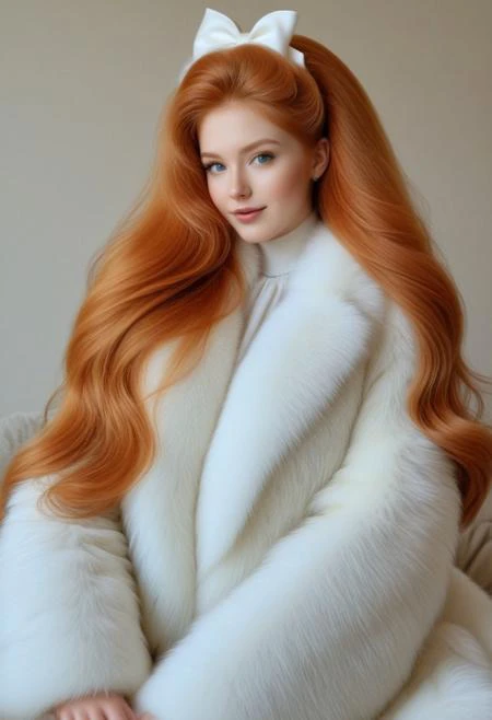 realistic photo, big fur coat, white fur, fur around neck, shiny hair, neat hair, vibrant hair, extremely long hair, silky hair, neat hair, facing camera, intricate hair, hair bow, wavy hair, ginger hair