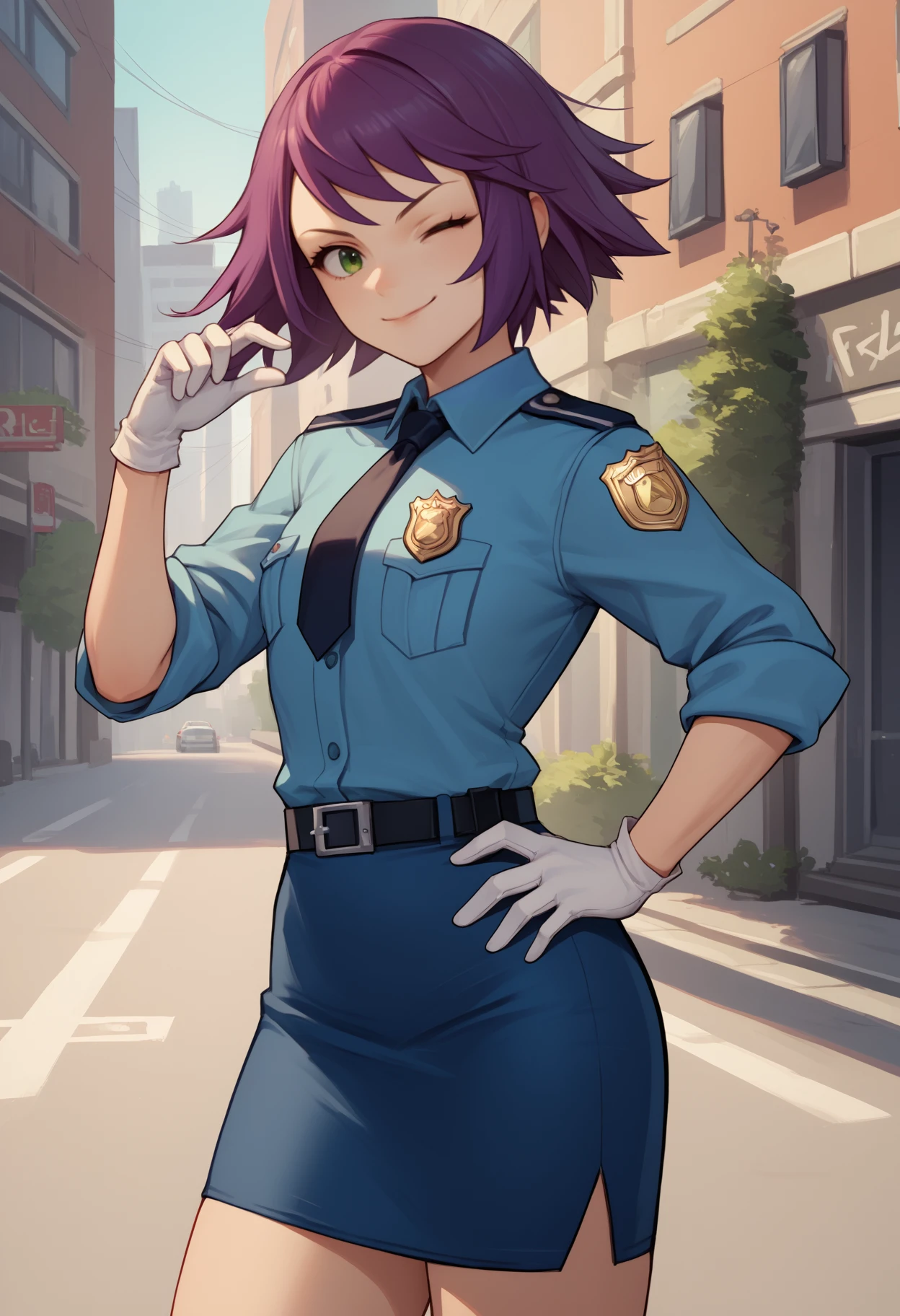 score_9, score_8_up, score_7_up, source_anime, <break> solo, 1girl, s0niastrumm, smirk, looking at you, standing, hand on own hip, short hair, purple hair, green eyes, one eye closed, police uniform, blue shirt, collared shirt, black necktie, badge, sleeves rolled up, white gloves, blue skirt, pencil skirt, outdoors, city street
<segment:yolo-face_yolov8m.pt,0.4,0.5//cid=1>