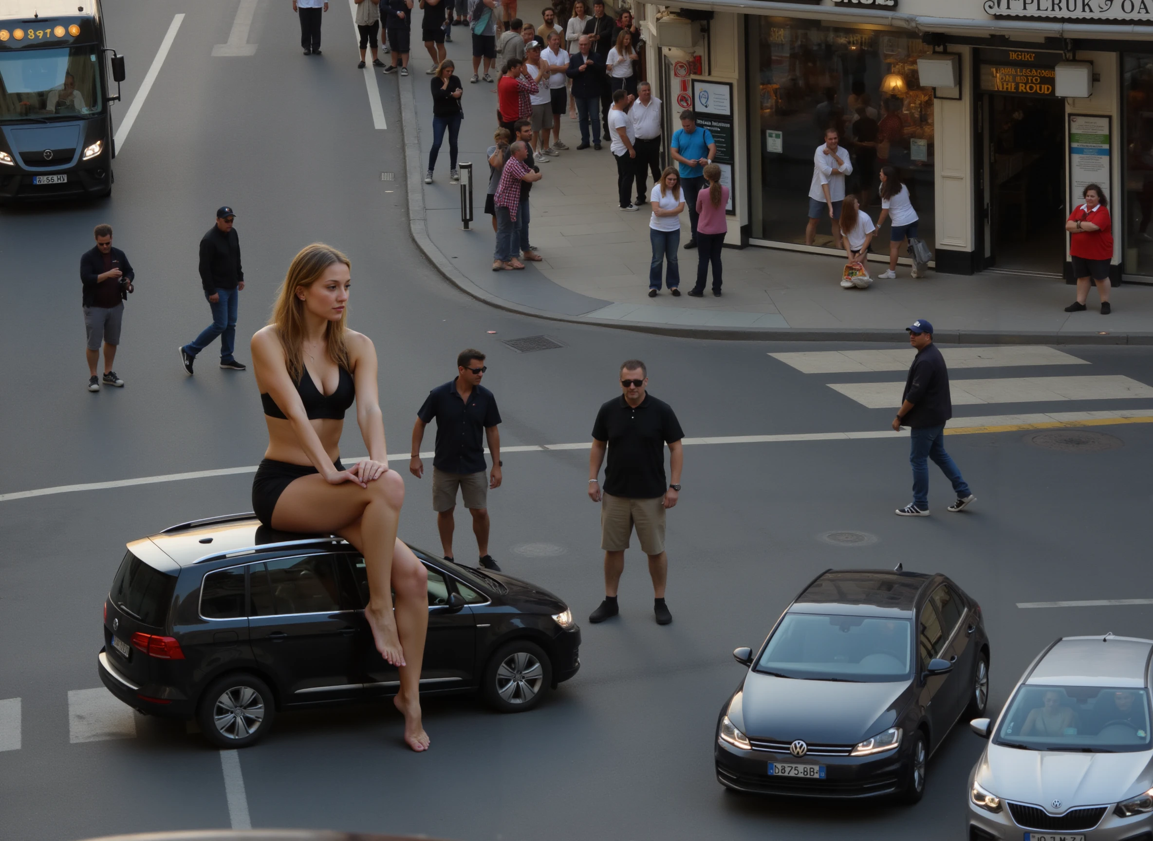 A aerial shot of enormous giant woman on a road holding tiny cars in her hands, wearing sexy gym fitness clothes in european city crowded with people and cars <lora:Mini Giantess_1024:1>