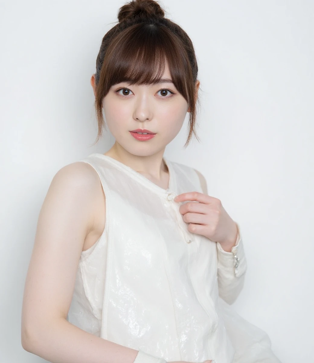 fukuhara, The image is a portrait of a young woman with shoulder-length brunette hair styled in a messy bun with bangs. She is wearing a white sleeveless top with a high neckline and a choker necklace. The top is covered in a transparent plastic material, giving it a shiny appearance. The woman is posing with one hand on her hip and the other resting on her thigh. She has a serious expression on her face and is looking directly at the camera. The background is a plain white wall.