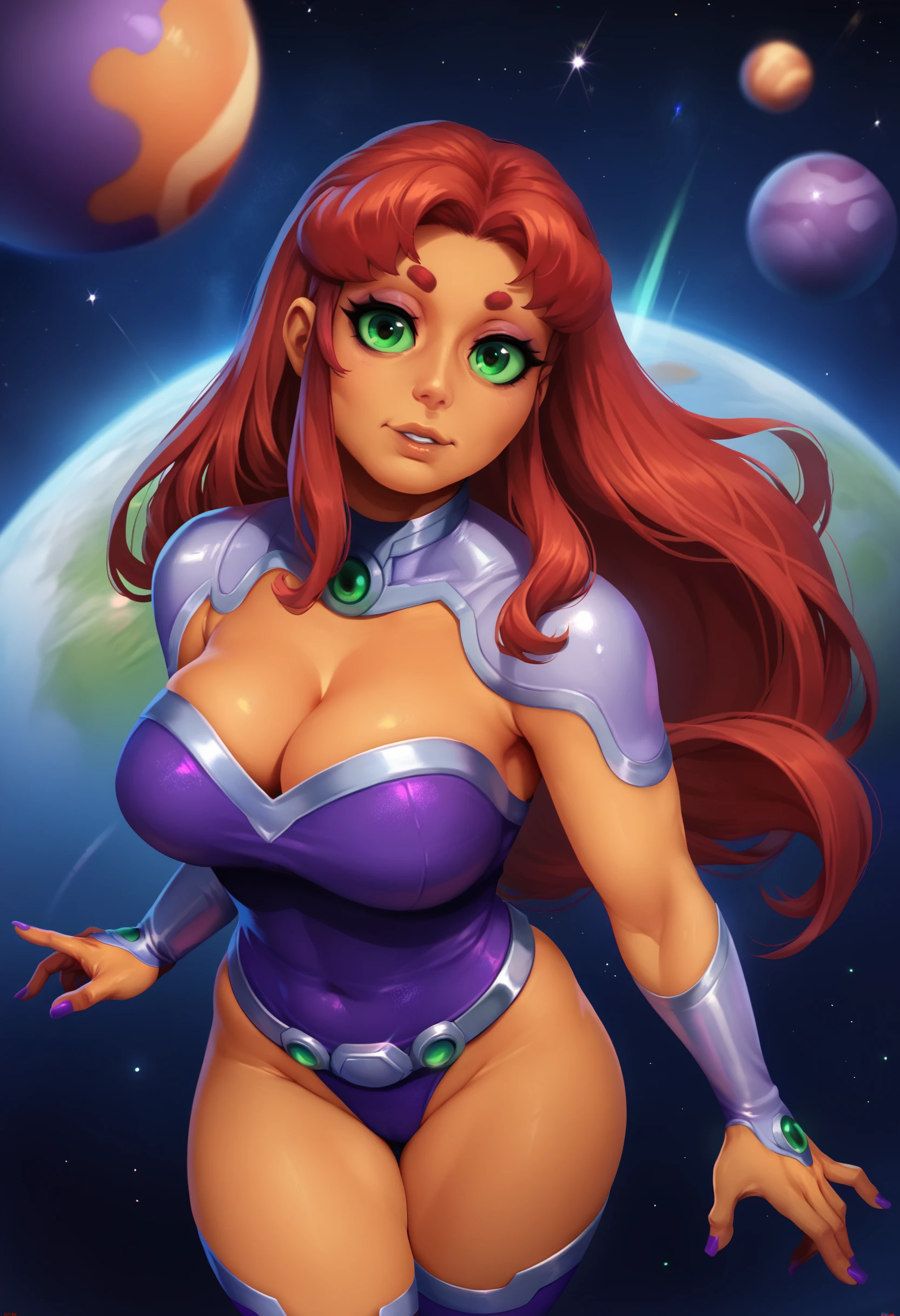 <lora:jlullaby-guy-PONY-DORAv1:1>, jluby, score_9, score_7_up, 1girl, solo, orange skin, red hair, green eyes, purple bodysuit, presenting, looking at viewer, cleavage, large breasts, starfire, depth of field, space, mature female, makeup