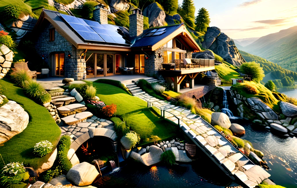 ultra-realistic image with high resolution and stable focus, correct and accurate anatomy, correct and accurate objects, different perspective, perfect detail, of an architectural style of a house built of stone and wood merging with nature, designed for ecological neutrality of natural materials, over a hill in the mountains, wide veranda, table chairs, barbecue, fire pit, swimming pool, dug into the rocks, covered with grass, steps, stone path, waterfall, lake, river, ultra realism, photo realism, single story, multi story, sloping, wind generators ,solar panels,sunset,birds in the sky <lora:fairytale_and_mythical_characters_r1:0.4> <lora:MJ52_v2.0:0.8> <lora:xl_more_art-full_v1:1>