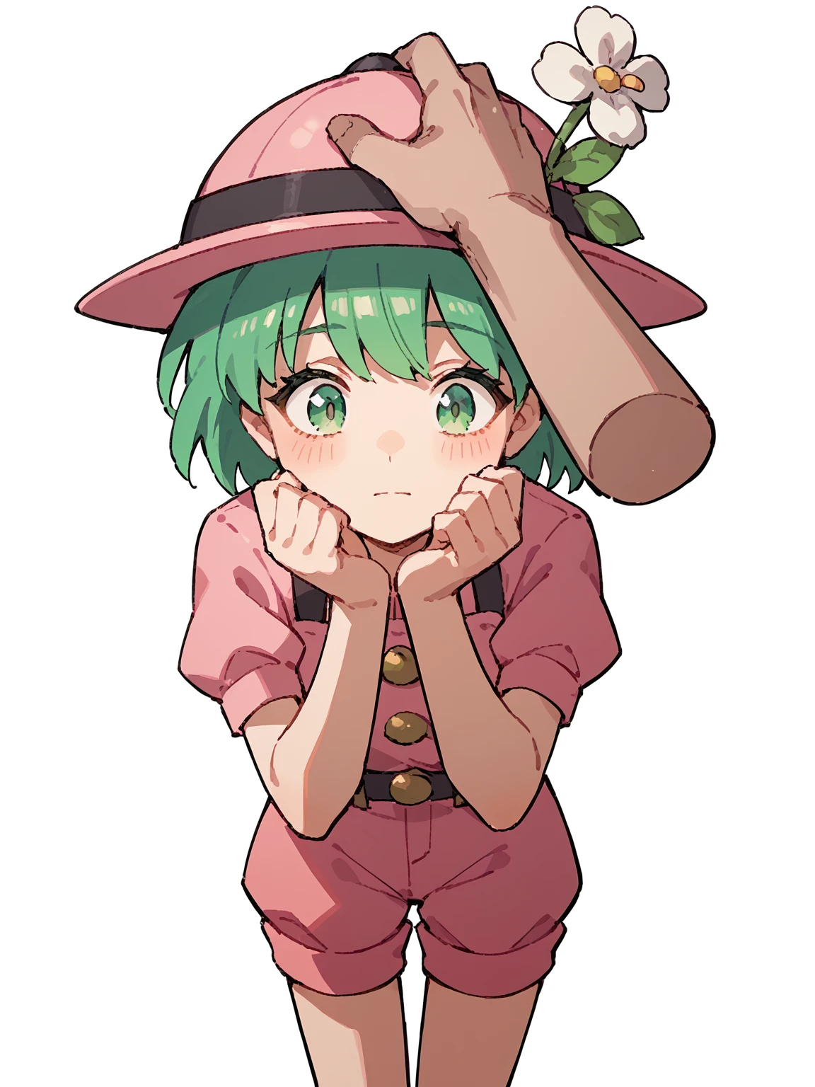 score_9, score_8_up, score_7_up, score_anime, 1girl, white background, <lora:Assistant-Girl_TetrisPlus_PDXLv0:0.8> assistant-girl, green hair, short hair, adult, green eyes, pink hat, flower, pink shorts, <lora:Headpat_XLPD:0.8> headpat, pov hands