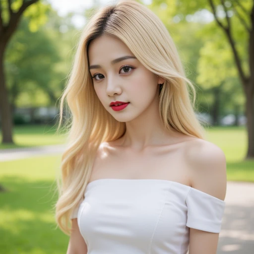 This is a high-resolution photograph of a young woman walking outdoors in a lush, The image is a high-resolution photograph of a young Asian woman with a fair, accentuated by bright red lipstick. She is wearing a white, The image is a high-resolution photograph of a young Asian woman standing outdoors in a park-like setting. She has long, The image is a high-resolution photograph of a young woman with a light skin tone, well-groomed eyebrows. She has a light dusting of makeup that enhances her natural beauty, platinum blonde hair that cascades down her back. Her facial features are delicate, bright red