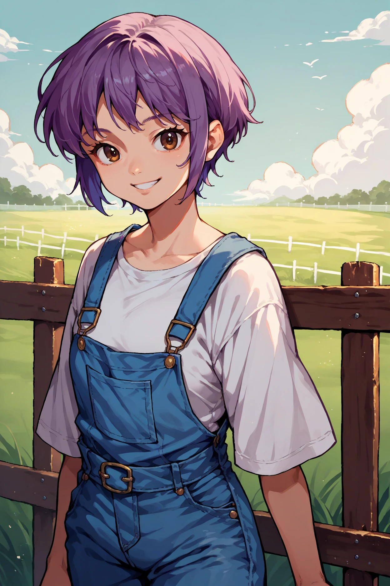 score_9, score_8_up, score_7_up, score_6_up, source_anime, 1girl, solo, <lora:nagatoyuki-pdxl-nvwls-v1-000005:1> yukinagato, purple hair, short hair, brown eyes, white shirt, blue overalls, denim, looking at you, smile, fence, blue sky, field