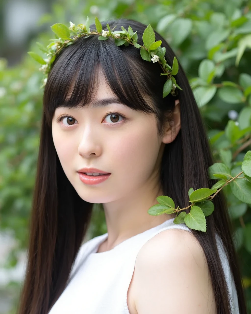 fukuhara,The image is a close-up portrait of a young woman with long dark hair and bangs. She is looking directly at the camera with a serious expression on her face. Her hair is styled in loose waves and falls over her shoulders. She has a small wreath of green leaves on her head, which is resting on her shoulder. The background is blurred, but it appears to be a garden or park with trees and greenery. The woman is wearing a white tank top and her makeup is natural and minimalistic. 