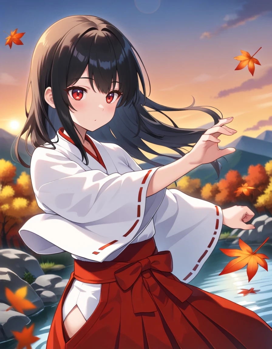 masterpiece, best quality, good quality, 
1girl, miko clothing, red hakama, long hair, black hair, red eyes, maple, evening, fall leaves, falling maple, on water, babbling stream, mountain, wind, shadow, lens flare, dynamic light, light ray, blurry background, dancing, cowboy shot,