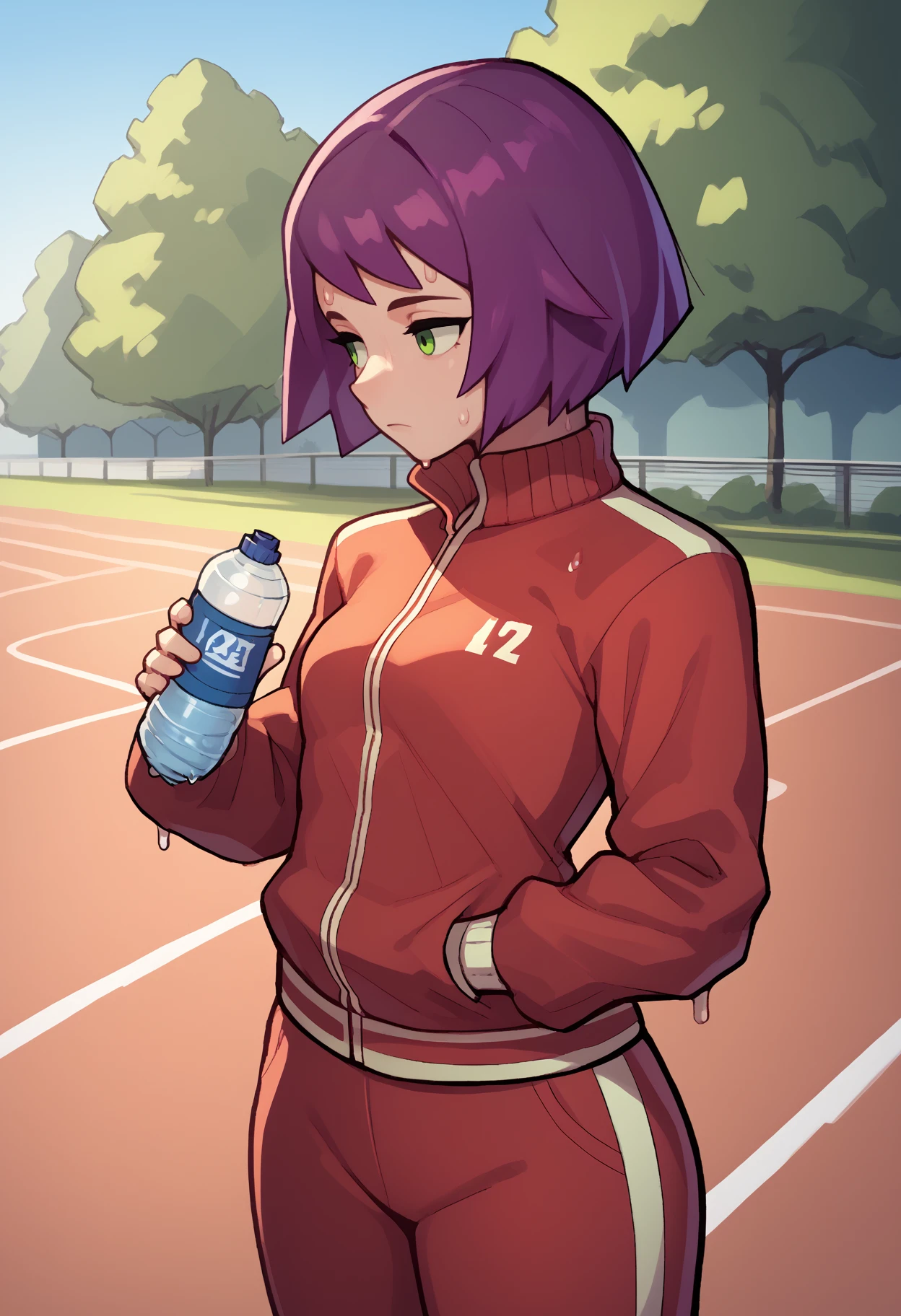 score_9, score_8_up, score_7_up, <break> solo, 1girl, s0niastrumm, sweat, expressionless, looking away, holding water bottle, short hair, purple hair, green eyes, track suit, red jacket, track jacket, red pants, outdoors, park
<segment:yolo-face_yolov8m.pt,0.4,0.5//cid=1>