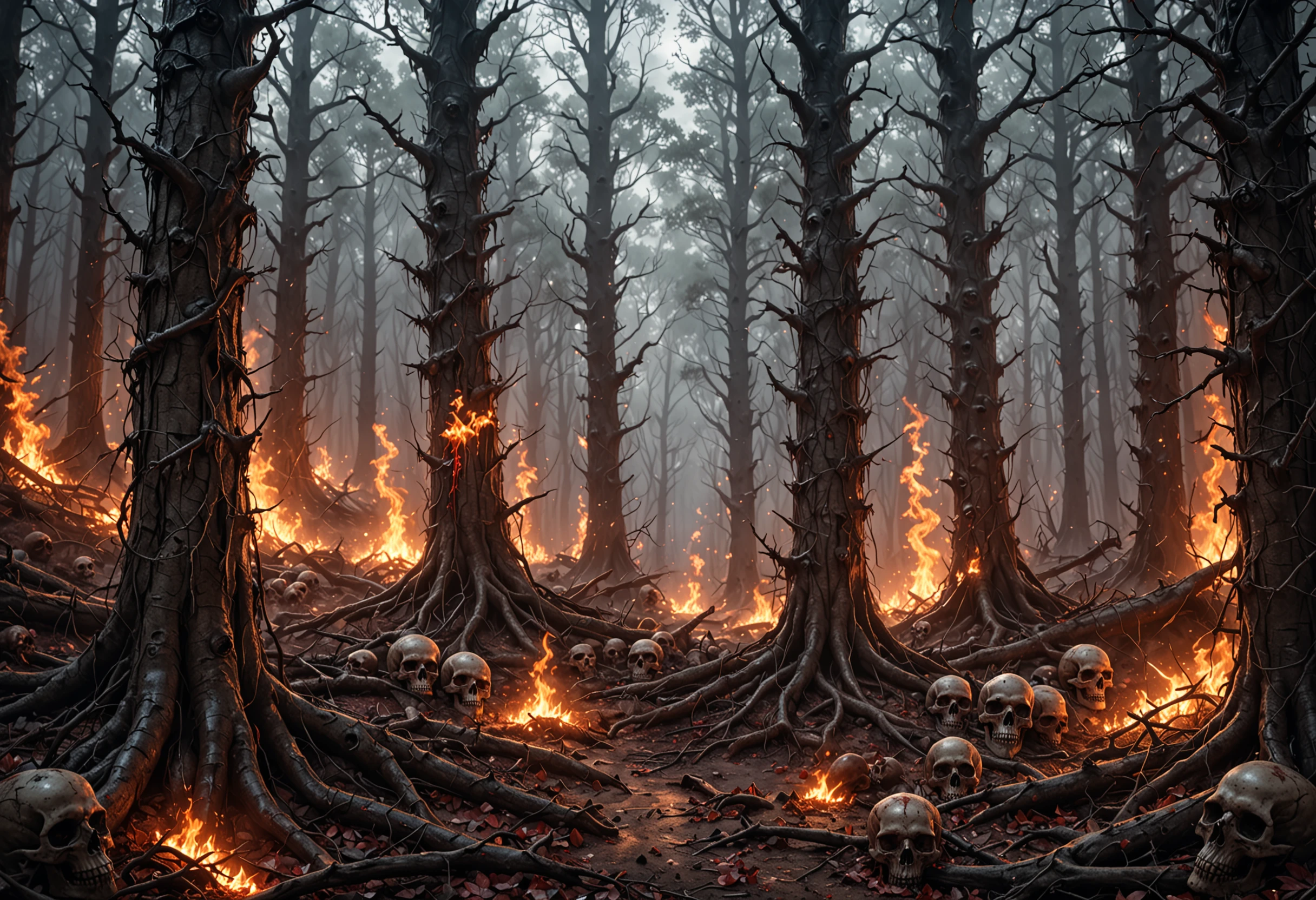 hyperrealistic art a image of very scary forest with blood, skulls, lightning, and fire. extremely high-resolution details, photographic, realism pushed to extreme, fine texture, incredibly lifelike