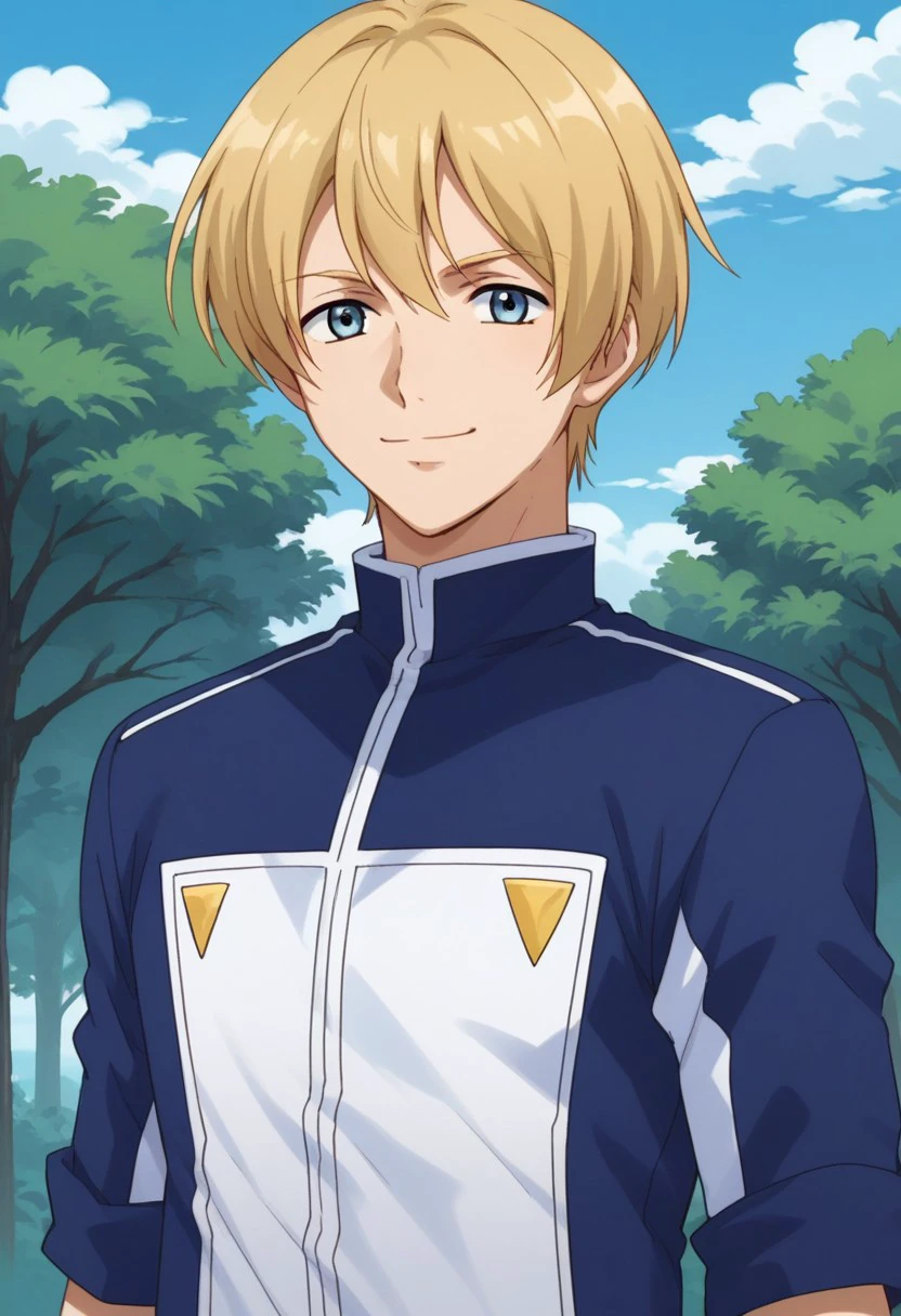 score_9, score_8_up, score_7_up, source_anime, highly detailed, 
1boy, male focus, solo, blonde hair, blue eyes, uniform, shirt, blue shirt, jacket, cropped jacket, blue jacket, smile, upper body
outdoor, sky, cloud, tree