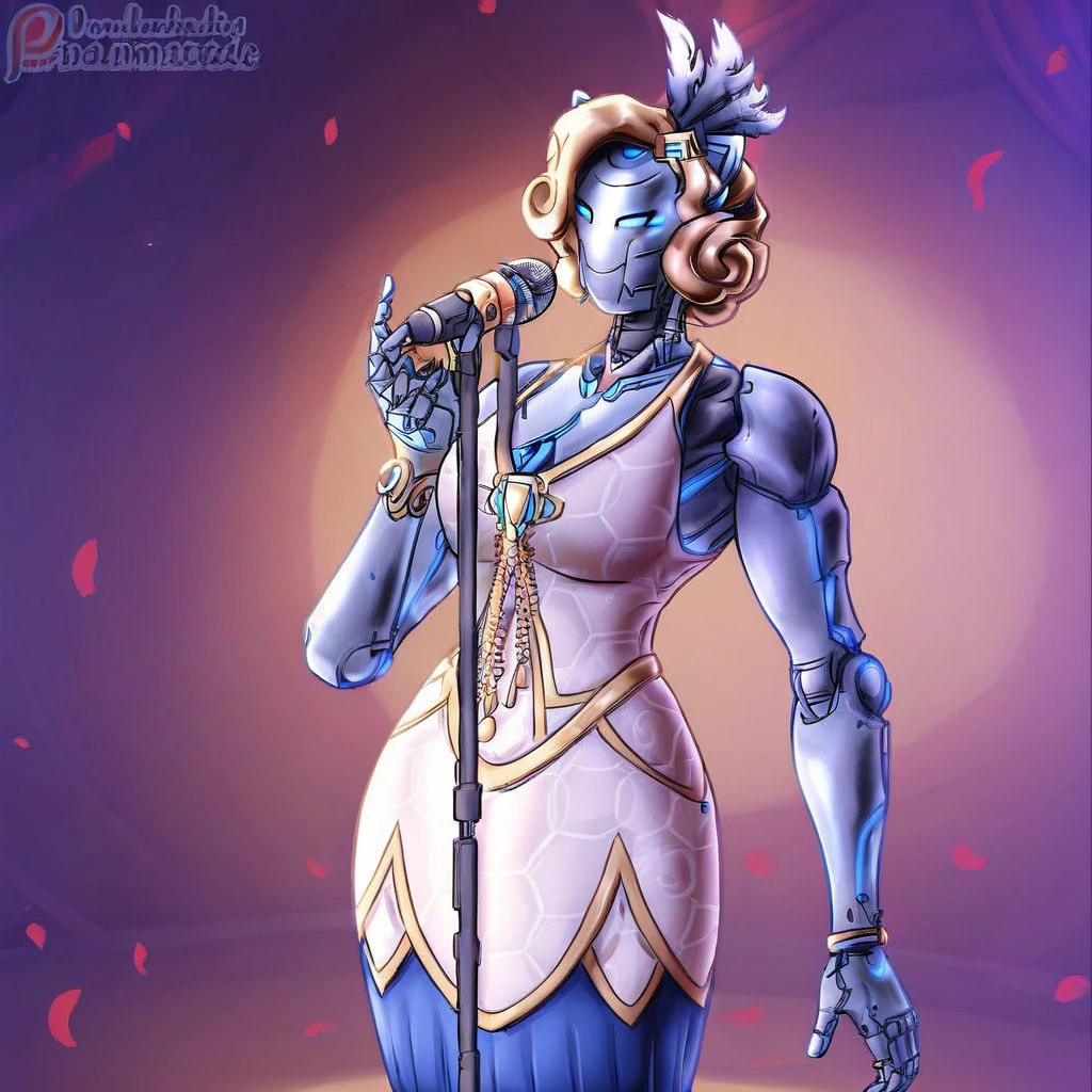 LunaOverwatch,1girl,solo, robot,robot girl,humanoid robot,omnic,dress,blue eyes,mask,breast,cleavage,joints,robot  joints,android,petals,jewelry,bracelet,mechanization,microphone,microphone stand,music,blonde hair,hair ornament,skirt,white dress,blue skirt,dress ornament,spotlight,