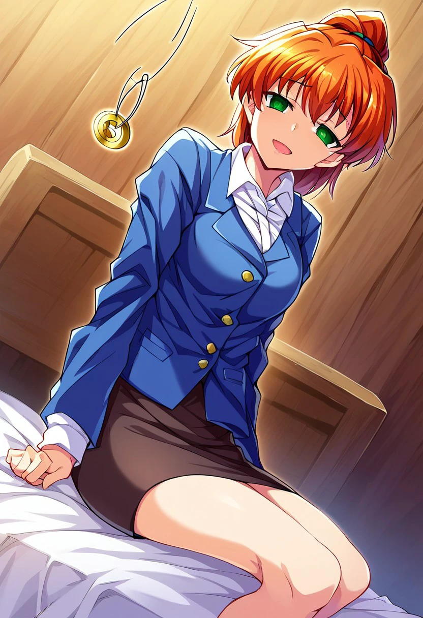 score_9, score_8_up, score_7_up, source_anime,Orange hair, Ponytail, Big Breasts ,Slim, ,Young-adult, green eyes, medium hair,Spiky Bangs,score_9, score_8_up, score_7_up, source_anime,Orange hair, Ponytail, Big Breasts ,Slim, ,Young-adult, green eyes, medium hair,Spiky Bangs, white shirt,blue office jacket, brown pencil skirt, bare legs.looking at viewer, cowboy shot, dutch angle, indoors, bed, bed room, smile, looking at viewer, smug, solo,, cowboy shot, dutch angle, ,hypnosis, blank eyes, mind control, slack expression, 1girl, brainwashing,placid, docile, dazed look,alone,comatose,smile, full body, solo, dutch angle, looking at viewer, hypnotist pendulum, looking at pendulum, infront of head, alone,comatose, , spiral in eyes, sitting on a bed, girl bedroom background, submissive pose, struggling to resist the mind control/brainwashing, drooping shoulders, sad tired mouth, half lidded eyes, panting softly, very sleepy expression, mouth slightly open, drooping open mouth, slack jawed, slight drooling, exhausted,