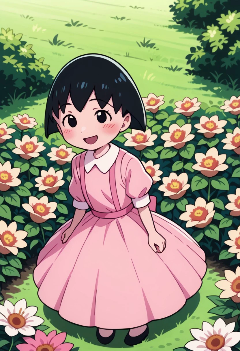 score_9, score_8_up, score_7_up BREAK ChibiMaruko, 1girl, black bobcut, black dot eyes, pink circle blush, happy, solo, solo focus, puffy pink princess dress, flowers garden,