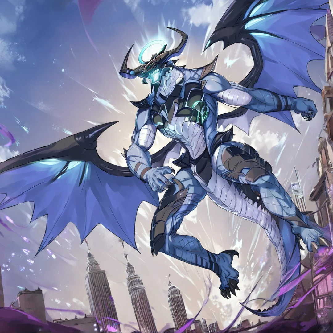 <lora:Volcanica:1>, volcanica, is an enormous dragon, who is covered in shiny pale blue scales, which are said to gleam like jewels, and seem sharper than a forged treasured sword, its thick paws are equipped with black, rock-like claws, its's face greatly resembles that of an earth dragon, with two large milky-white horns sticking out of each side of its head, finally, he has a pair of intelligent looking gold eyes, which emit a wise and awe-inspiring aura, another notable feature is the presence, of a mysterious white scar located directly underneath his jaw, it is said to be about 16 meters in height, solo, flying, in air, city, red sky, blood moon