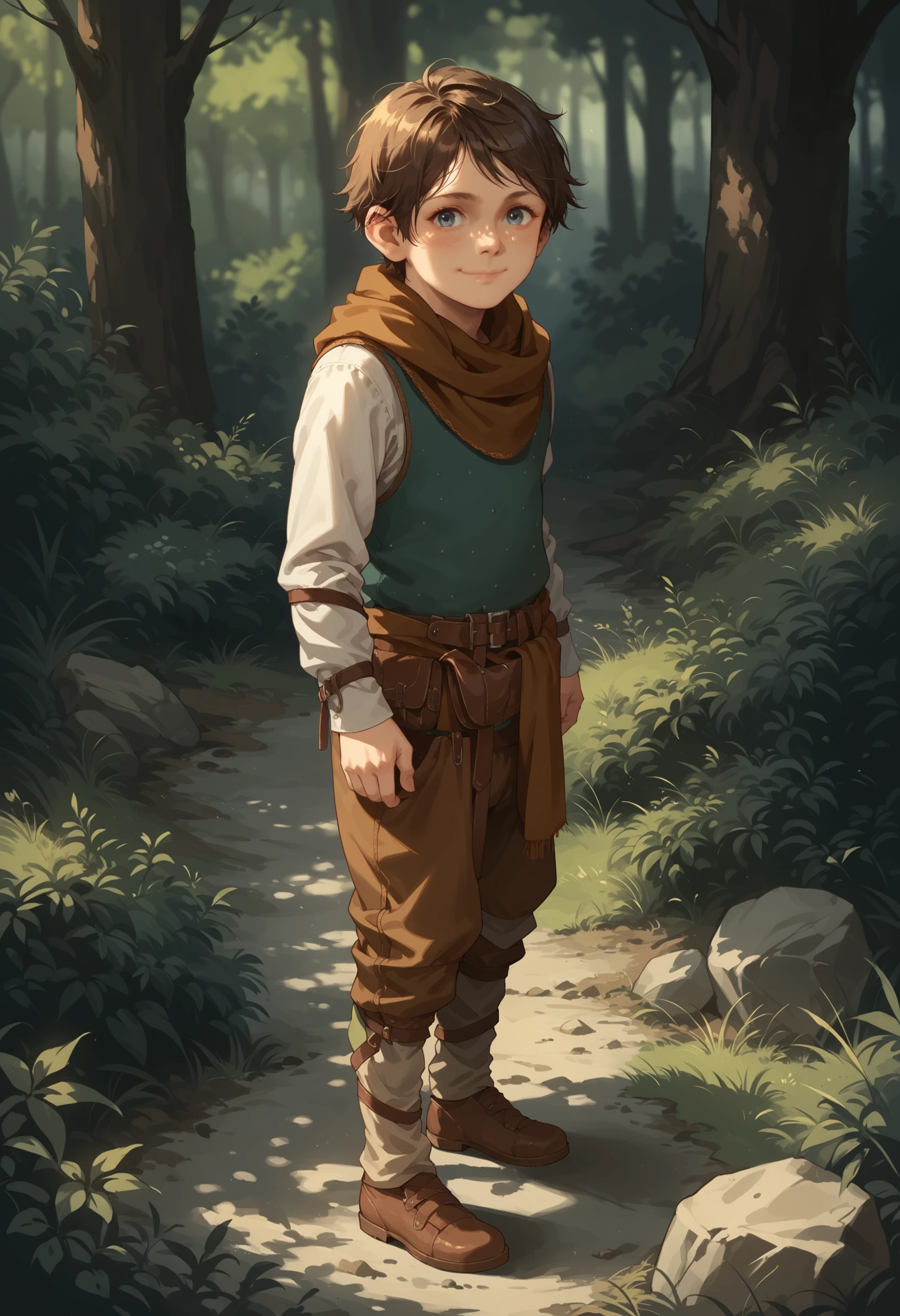 score_9, score_8_up, score_7_up, score_6_up, score_5_up, score_4_up, 1boy, <lora:HugoPTR:0.85> brown hair, short hair, blue eyes, scarf, long sleeves, belt, full body, from side, smile, standing, looking at viewer, from side, 
forest background,