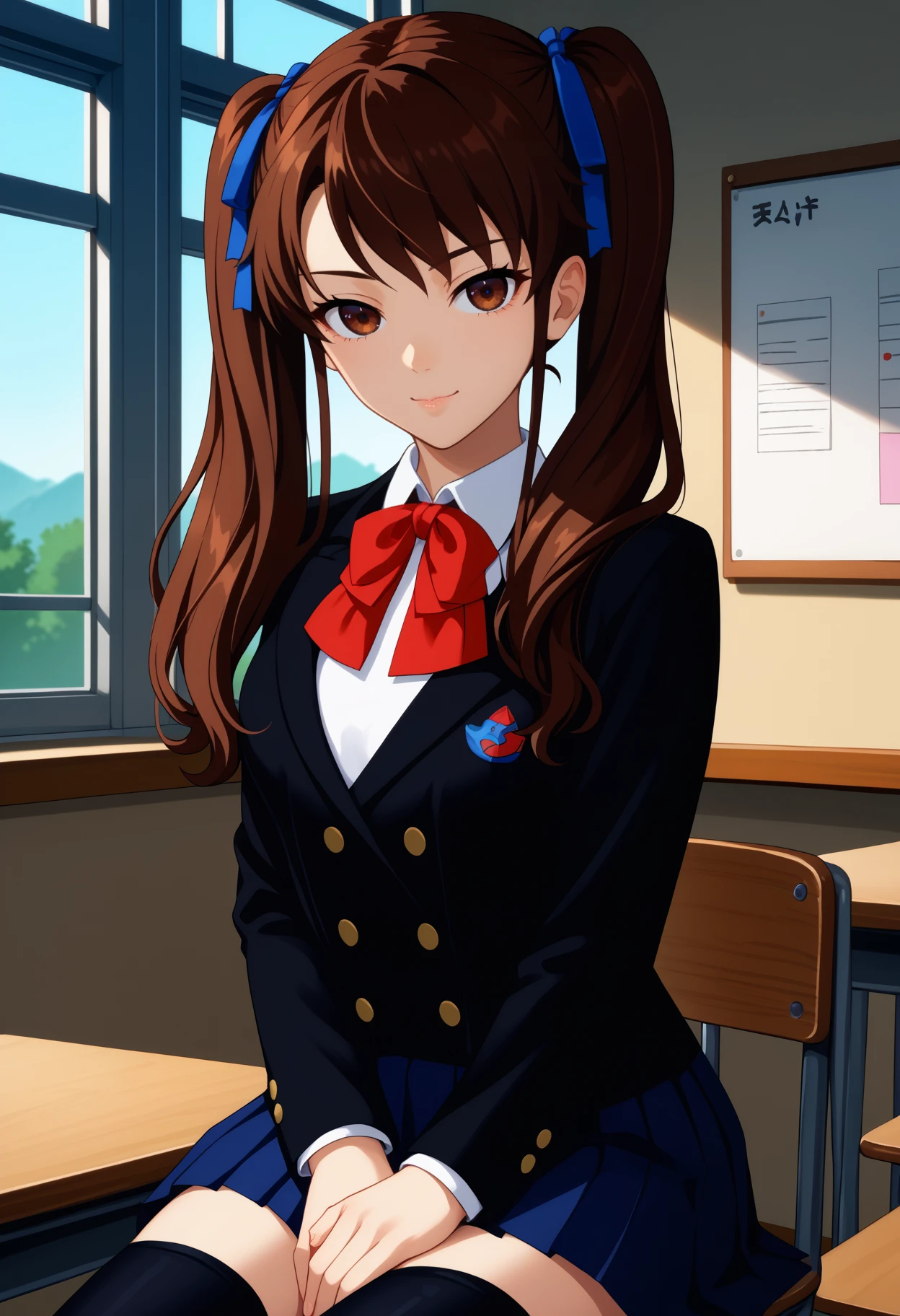 score_9, score_8_up, score_7_up, source_anime, <break> solo, 1girl, akazawa izumi, light smile, closed mouth, looking at you, sitting, chair, brown hair, twintails, hair ribbon, blue ribbon, brown eyes, school uniform, black jacket, blazer, buttons, double-breasted, long sleeves, white shirt, collared shirt, red bowtie, blue skirt, pleated skirt, black thighhighs, indoors, classroom, table
<segment:yolo-face_yolov8m.pt,0.4,0.5//cid=1>