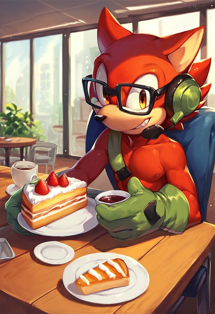 score_9, score_8_up, score_7_up, male, solo, Gadget the wolf, glasses, headset, army gloves, army boots, yellow utility bet, tail, red fur, smile, looking at viewer, table chair, cafe, indoors, cup, plate, fork, cake