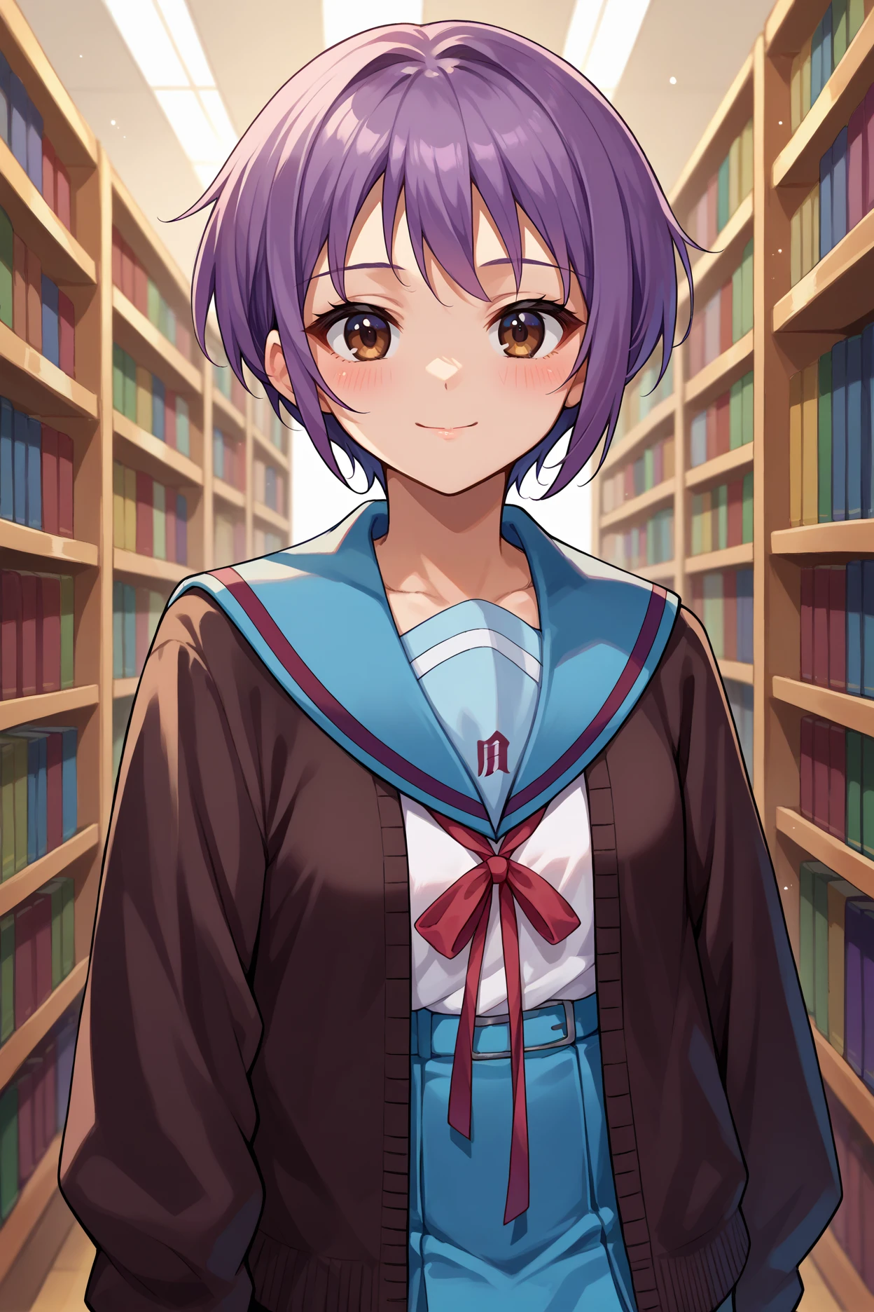 score_9, score_8_up, score_7_up, score_6_up, source_anime, 1girl, solo,  <lora:nagatoyuki-pdxl-nvwls-v1-000005:1> yukinagato, purple hair, short hair, brown eyes, black cardigan, blue sailor collar, white shirt, neck ribbon, pleated skirt, blue skirt, upper body, looking at you, light smile, closed mouth, blush, library, portrait