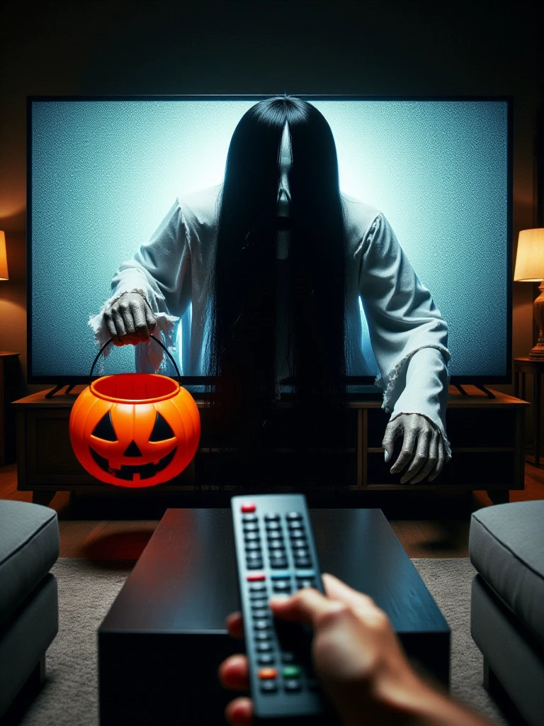 "A sadako japan ghost dressed in a flowing white gown is crawling out of a large television screen in a living room, holding a Halloween-themed pumpkin bucket. The figure has long, dark hair covering its face, making the identity unclear. The oversized television dominates the space. The living room is dimly lit, with a couch and coffee table in view, creating a creepy atmosphere. In the foreground, a hand is holding a remote control, as if trying to change the channel or stop the scene."