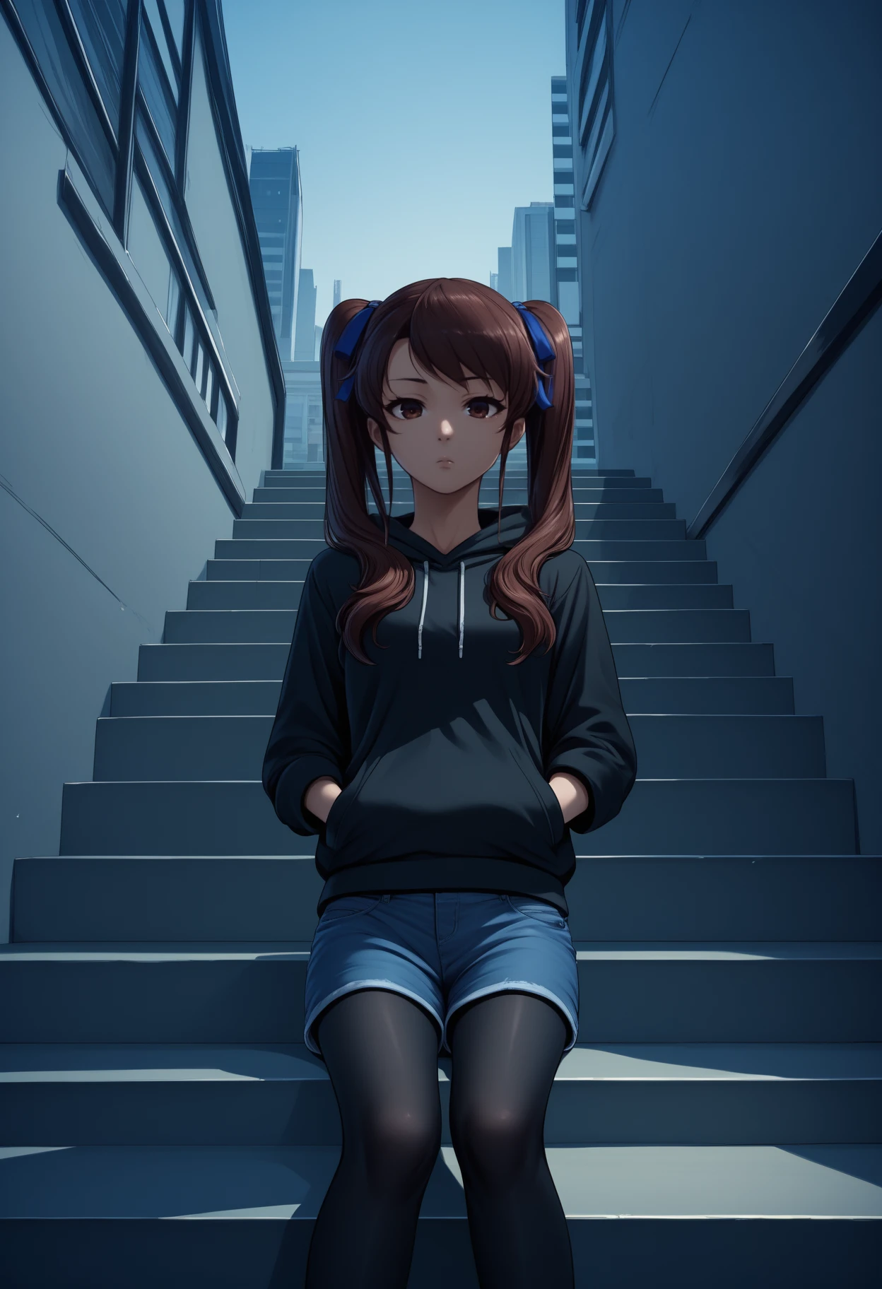 score_9, score_8_up, score_7_up, <break> solo, 1girl, akazawa izumi, expressionless, looking at you, sitting, stairs, hands in pockets, brown hair, twintails, hair ribbon, blue ribbon, brown eyes, black hoodie, blue shorts, denim shorts, black pantyhose, outdoors, city
<segment:yolo-face_yolov8m.pt,0.4,0.5//cid=1>