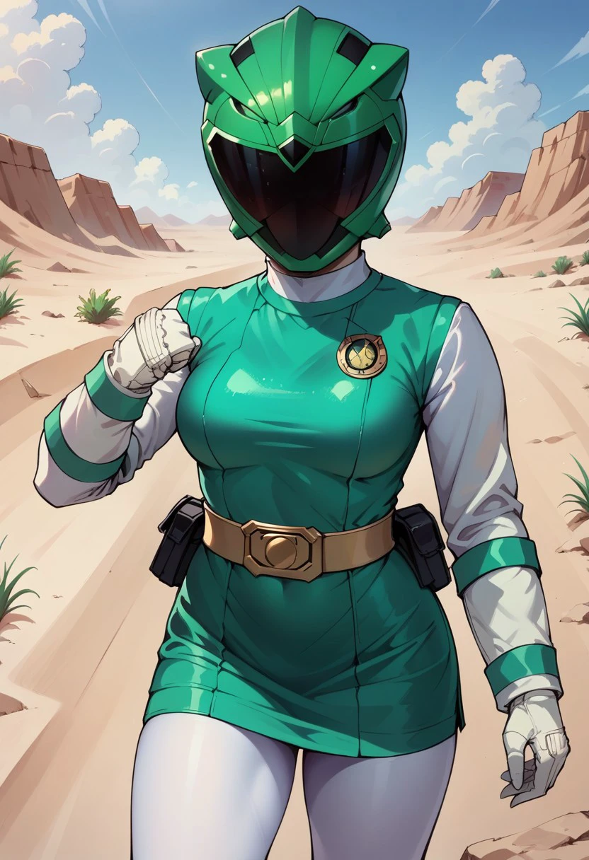 score_9, score_8_up, score_7_up, score_6_up, 1girl, green eagle themed ssentai helmet, black visor, green ssentai bodysuit, medium breasts, white gloves, fighting pose, white ssentai belt, green ssentai skirt, ssentai thighhighs, white leggings, portrait, desert, Style-DoF, hands