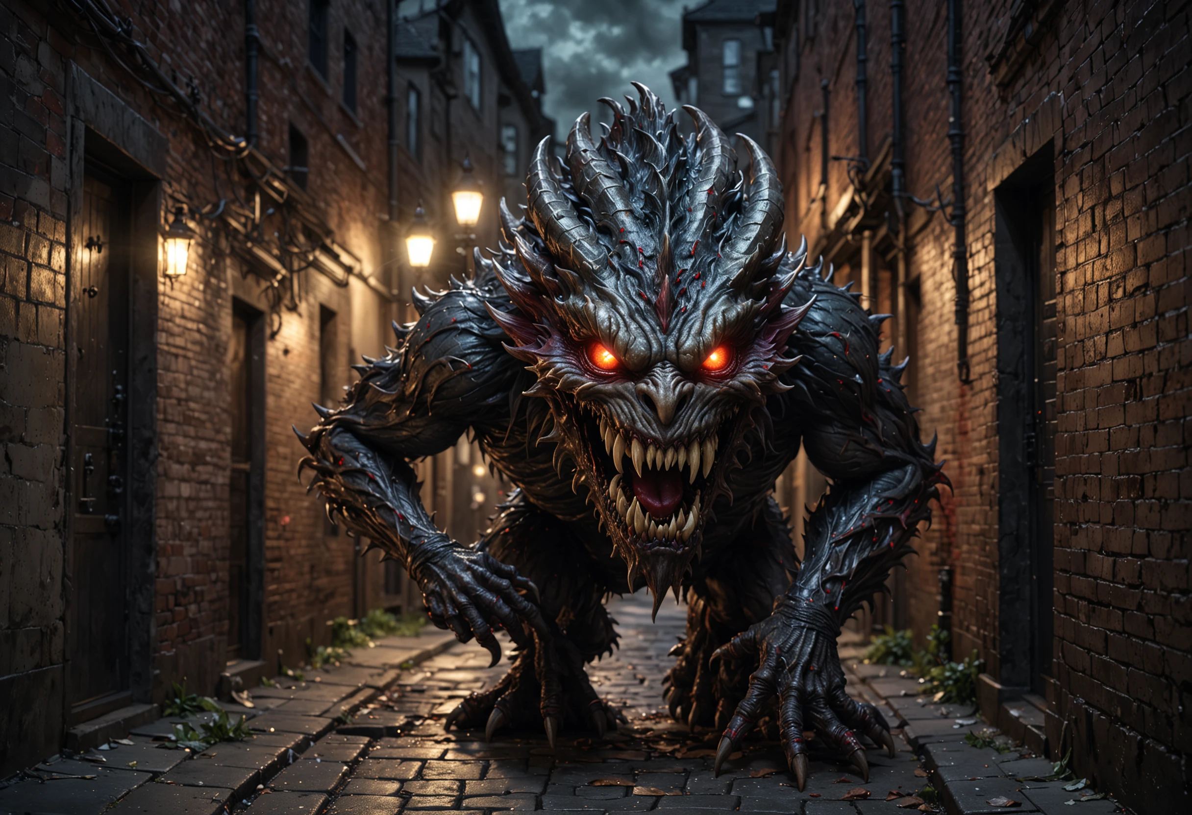 hyperrealistic art a scary monster with red eyes that are glowing in the dark alley way in a urban setting. . extremely high-resolution details, photographic, realism pushed to extreme, fine texture, incredibly lifelike