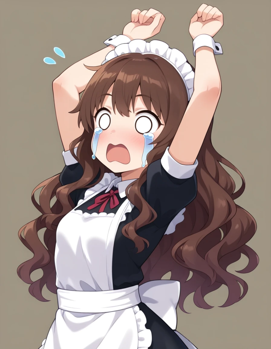 masterpiece, best quality, good quality, 
1girl, solo, o_o, arms up, maid, simple background, brown hair, long hair, wavy hair, open mouth, flying sweatdrops, surprised, (streaming tears:1.1),