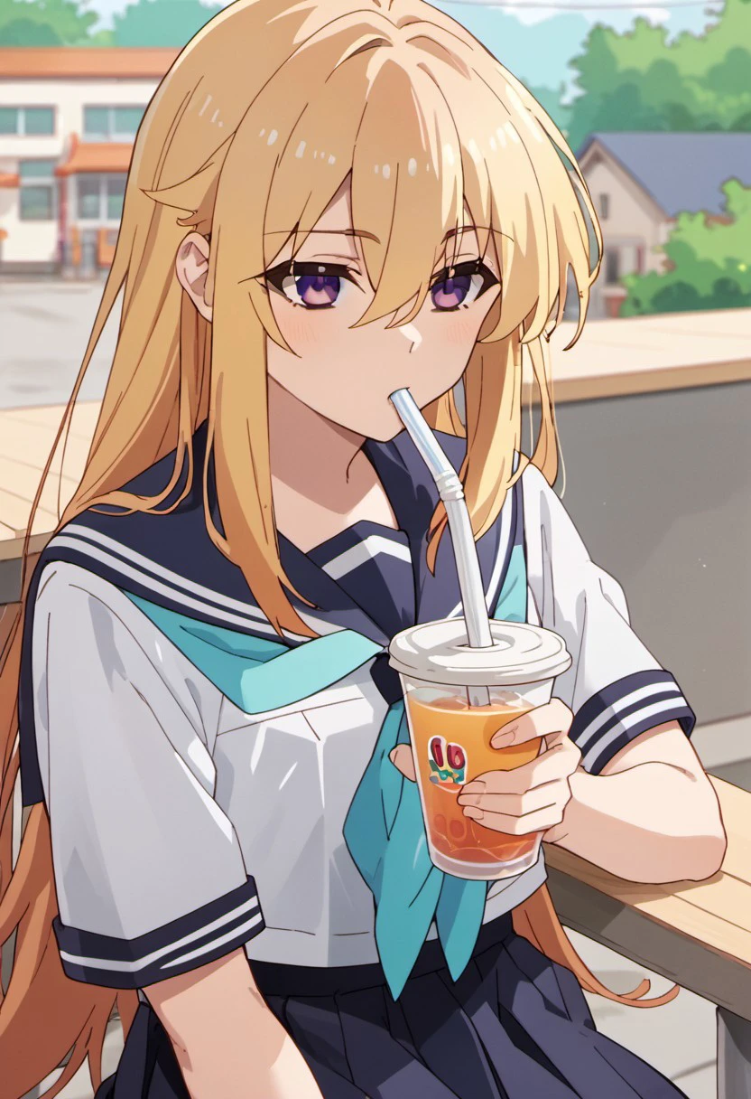 score_9, score_8_up, score_7_up, source_anime, koshi torako, long hair, blonde hair, purple eyes, 1girl, solo, drinking straw, drinking, school uniform, cup, sailor collar, serafuku, holding, disposable cup, hair between eyes, holding cup