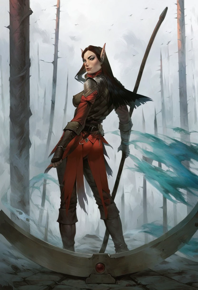 JaethalPathfinder,1girl,solo,elf,pointy ears,pale skin,long hair,black hair,weapon,war scythe,gloves,belt,large breast,lips,boots,pauldrons,pants,shirt,vest,black eyes,
,seductive pose,sexy pose,ruins,
score_9, score_8_up, score_7_up, beautiful aesthetic, very intricate, high quality details,vibrant, highly detailed, award-winning, professional,anime artwork, anime style, studio anime, athletic, toned female,muscular milf,curvy body, athletic girl,fit girl, perky tits,huge breast,perfect tits, round breasts, nipple outline,looking at viewer, pinup pose,teasing, dynamic lighting, cinematic, smug, better than you, aura of temptation, highly detailed, high resolution, masterpiece, detailed clother, detailed background, highly detailed, ((sound effects)) comic layout,