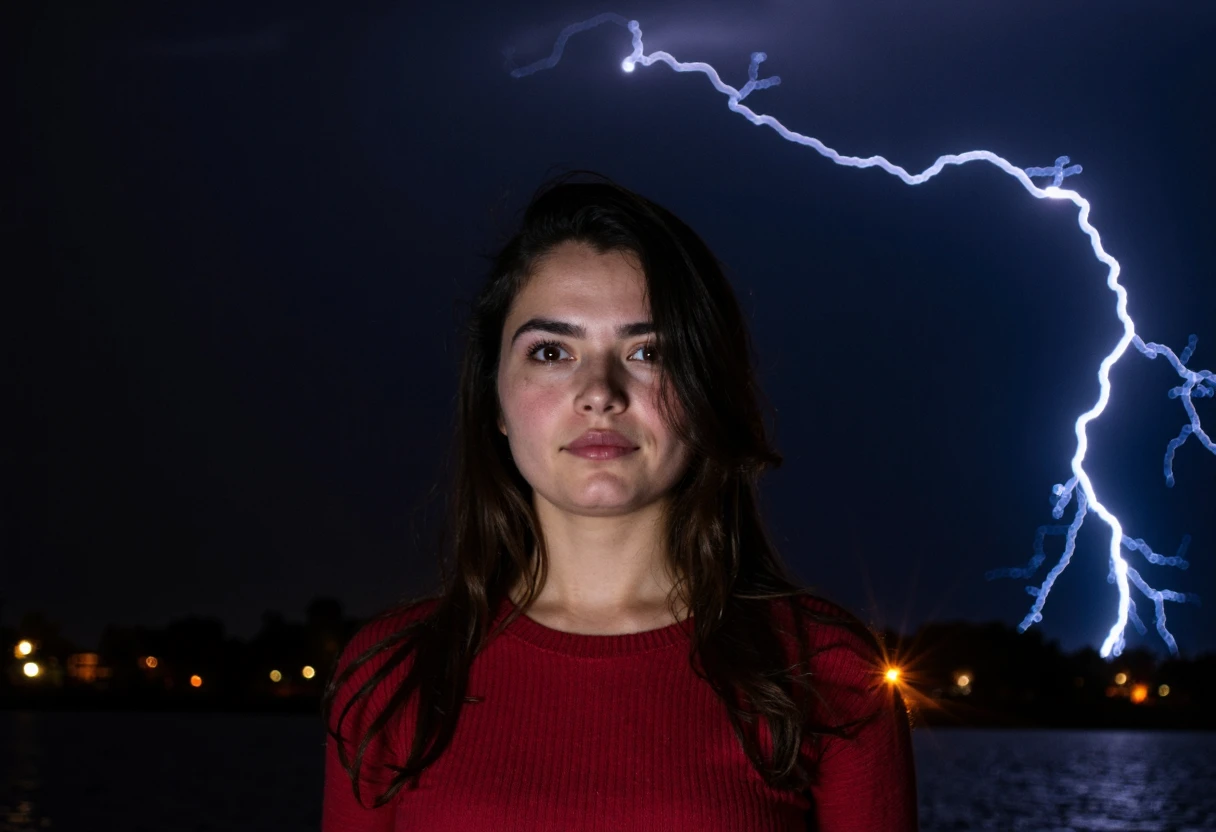 LIGHTNING, young woman wearing a red pullover at night 