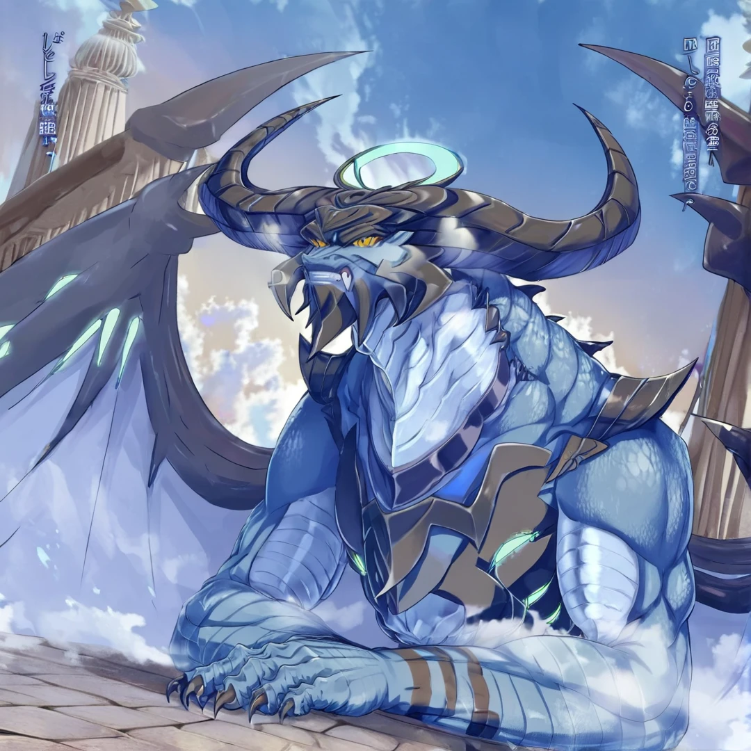 <lora:Volcanica:1>, volcanica, is an enormous dragon, who is covered in shiny pale blue scales, which are said to gleam like jewels, and seem sharper than a forged treasured sword, its thick paws are equipped with black, rock-like claws, its's face greatly resembles that of an earth dragon, with two large milky-white horns sticking out of each side of its head, finally, he has a pair of intelligent looking gold eyes, which emit a wise and awe-inspiring aura, another notable feature is the presence, of a mysterious white scar located directly underneath his jaw, it is said to be about 16 meters in height