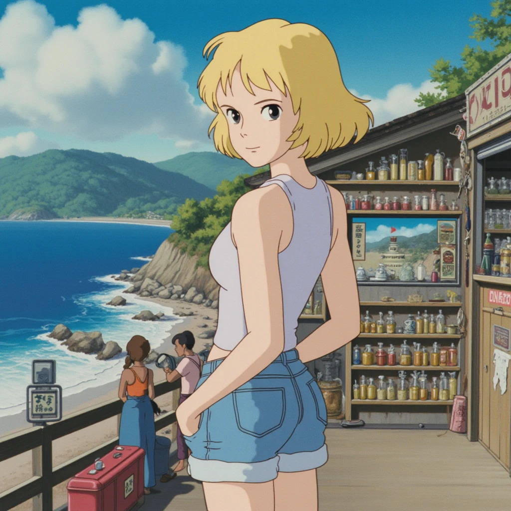 In style of Studio Ghibli. Young woman with short blonde hair and grey eyes, tank top, denim shorts, in a very detailed cluttered open restaraunt on a hill above amazing ocean beach, drawn on the style of 80s anime, studio ghibli animation, smooth pastel colors, smooth textures, traditional cel animation, grainy image