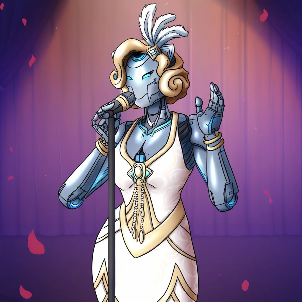 LunaOverwatch,1girl,solo, robot,robot girl,humanoid robot,omnic,dress,blue eyes,mask,breast,cleavage,joints,robot  joints,android,petals,jewelry,bracelet,mechanization,microphone,microphone stand,music,blonde hair,hair ornament,skirt,white dress,blue skirt,dress ornament,spotlight,sexy pose,