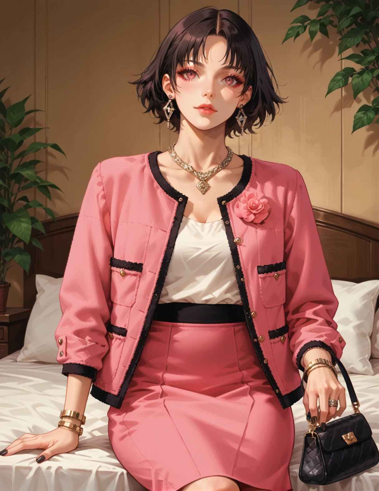 Score_9, Score_8_up,Score_7_up, Score_6_up,Score_5_up, Score_4_up, Source_anime, Rating_safe, Persona_3 style, Shigenori_Soejima_Artwork, 1girl, sit on bed, handbag, bag, black nails, black hair, bobcut, <lora:Chanel_Classic_Outfit:0.8> pink jacket, pink skirt, long sleeves, fashion, bracelet, necklace, earrings