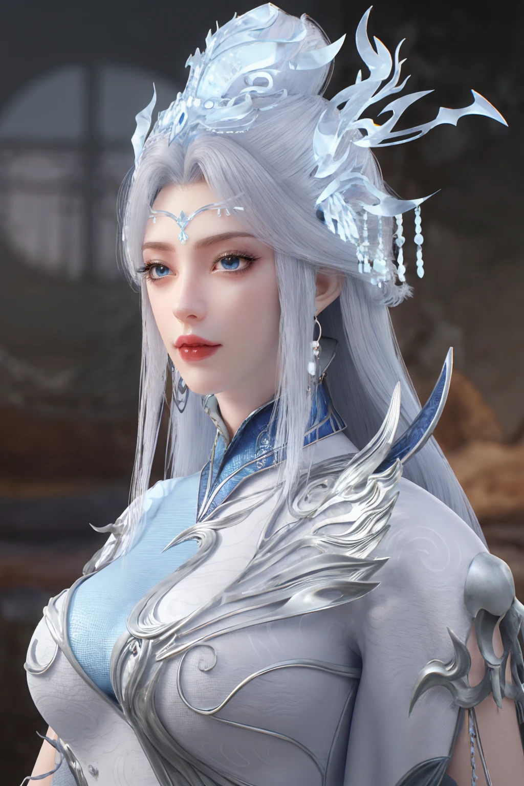 best quality,highres,realistic,absurdres,masterpiece,4k,perfect hands,looking at viewer,
<lora:ningyudie:0.8>,1girl,blue eyes,blue gloves,blurry,dress,earrings,hair ornament,jewelry,long hair,ningyudie,solo,white hair,shiny clothes,cowboy shot,