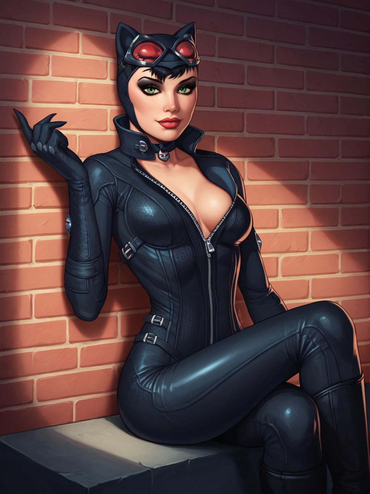 score_9, score_8, score_7,1girl,  catwomanwaifu, 2D, solo, medium breasts, cinematic, cartoon, sitting, short hair, curvy legs, wide hips,  seductive smile,black bodysuit, green eyes, direction light,  cowboy shot, look at viewer, gloves, goggles, lips, makeup, realistic, against wall, brick wall background, <lora:add-detail-xl:1>, <lora:Catwoman_character:1>