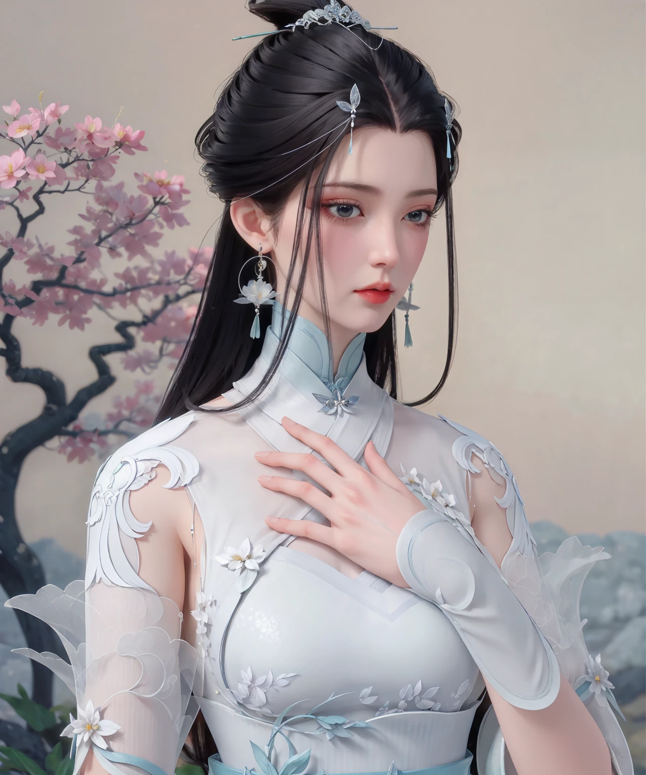 best quality,highres,realistic,absurdres,masterpiece,4k,perfect hands,
<lora:è§è²ï¼è§æ¸éªè¿åç_v1.0:0.7>,1girl,black hair,chinese clothes,earrings,hair ornament,solo,upper body,white dress,hand on own chest,(simple background:1.1),(flower:1.1),pale skin,shy,looking away,