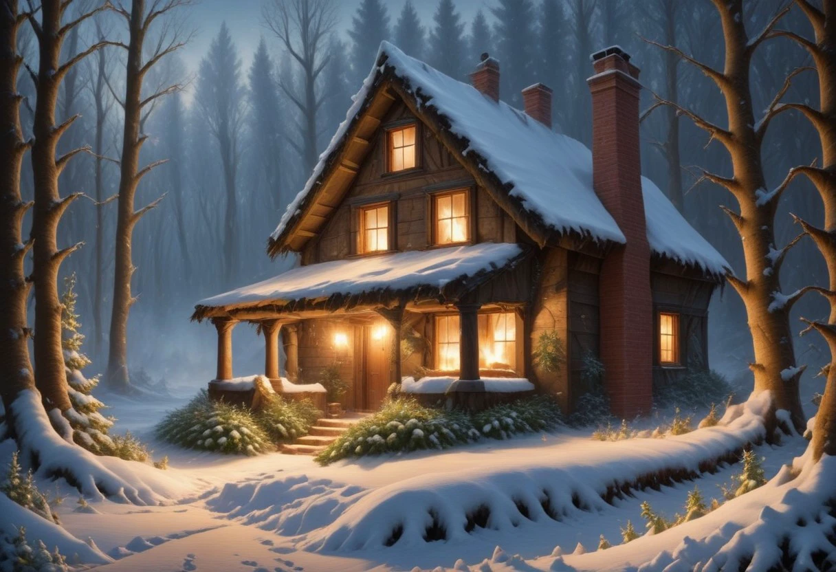 ultra realism, perfect detail, stable focus of a small collapsed forest house, correct and accurate detail of objects, season winter, accumulated snow, snow-covered trees and, light through the windows at night, bushes, chimney, smoke from the chimney, winter fairy tale picture