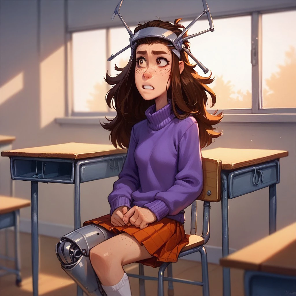 score_9, score_8, score_7, break, shannon_rj, brown hair, long hair, head gear, freckles, skirt, sweater, sitting, classroom, prosthetic leg