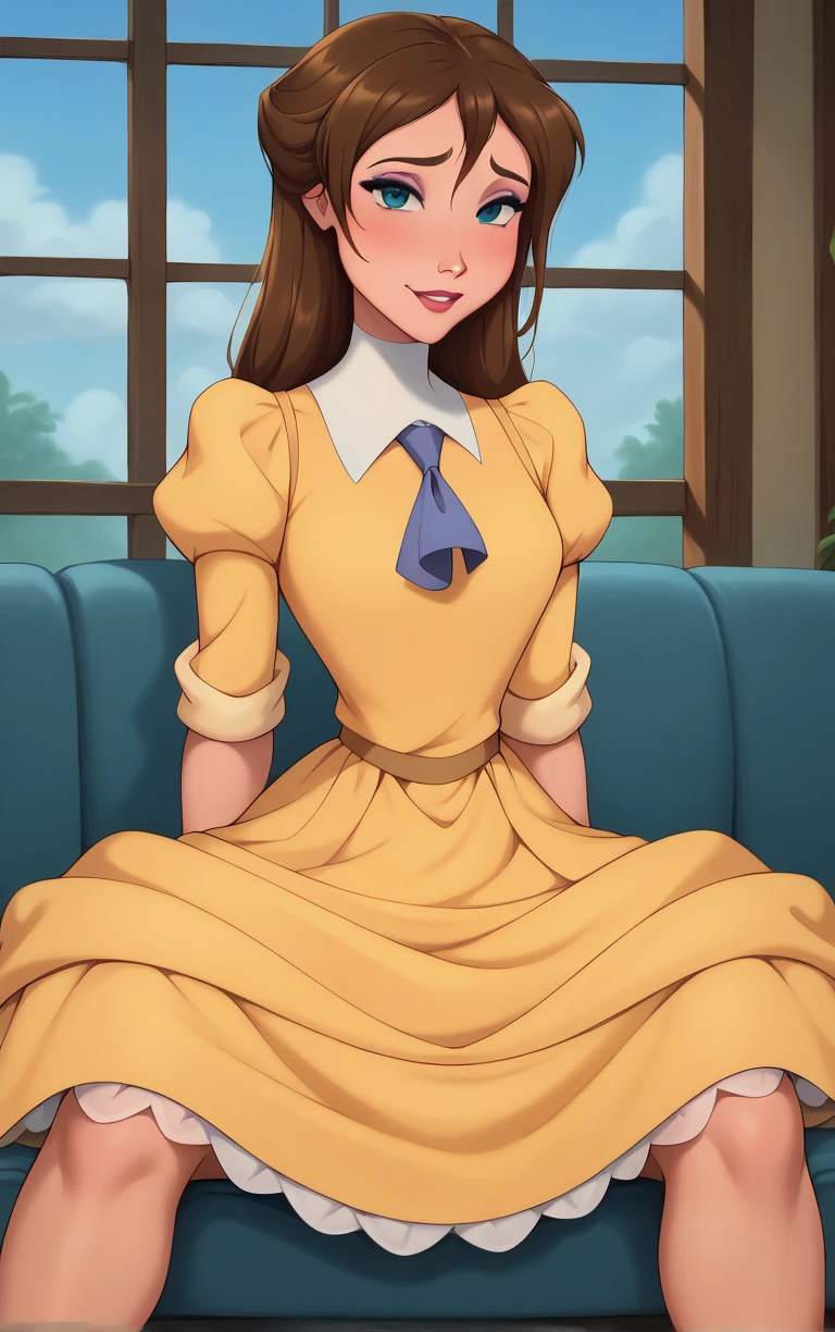 score_9, score_8_up, score_7_up, looking at viewer,  BREAK
YellowDress_JanePorter_ownwaifu, 
1girl, blue eyes, breasts, brown hair, long hair, narrow waist, makeup, puffy sleeves, lipstick, lips, hair between eyes, eyeshadow, 
sleeves rolled up, turtleneck, white gloves, yellow dress, juliet sleeves, ascot, long sleeves, necktie, blue ascot, short sleeves, 
(sitting, spread legs), arms behind back, couch, window shade, indoors, <lora:PONYXL_Tarzan_JanePorter_ownwaifu:1> , depth of field, solo,