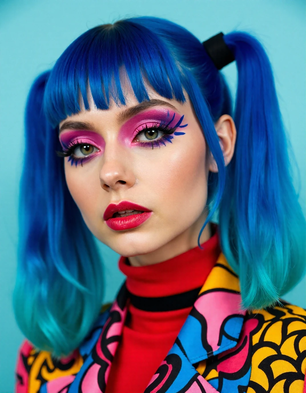 (best quality, 4K, 8K, high-resolution, masterpiece), ultra-detailed, photorealistic, striking young woman, bold Neo-Gothic makeup, bold Neo-Gothic hair, vibrant Pop Art inspired outfit, intricate facial designs, modern fashion, high fashion, vibrant colors