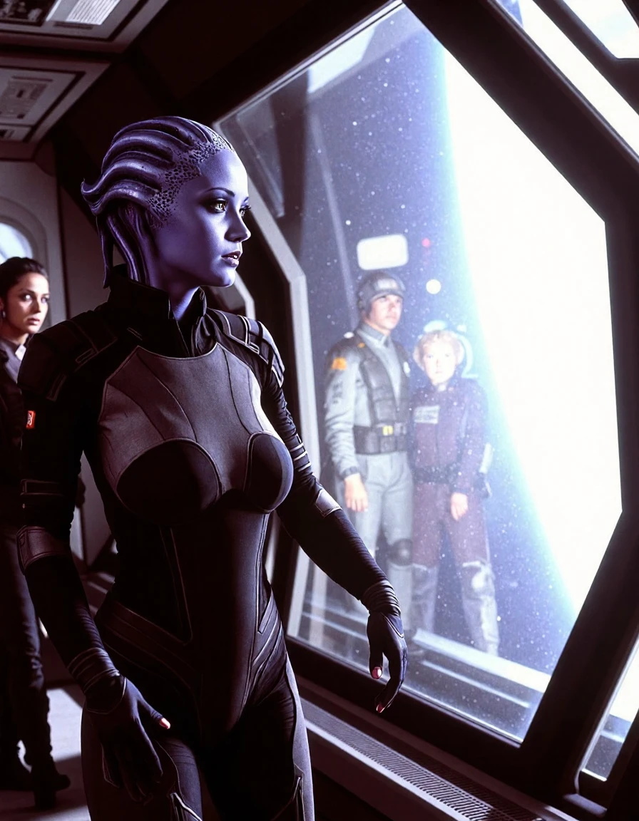 <lora:flux-lora-LiaraTsoni_07:1>, LiaraTsoni, 
A stunning portrait of alien character Liara, she goes through a spaceship, looking into huge transparent windows, on the background of the ship's team, sci-fi, The image style is reminiscent of a 1990s movie