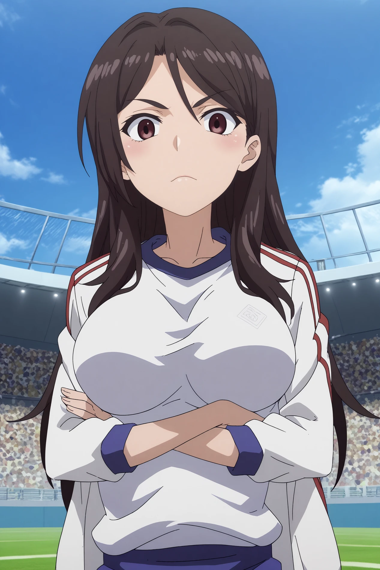  fukiyose seiri,1girl,solo,long hair,looking at viewer,ribbon,breasts,large breasts,gym uniform,jacket, BREAK outdoors,sports_festival, sports club,sport field,blue sky,stadium   Pouting with crossed arms,  <lora:Fukiyose_Seiri_-_Toaru_Majutsu_no_Index_II.safetensors:0.8>