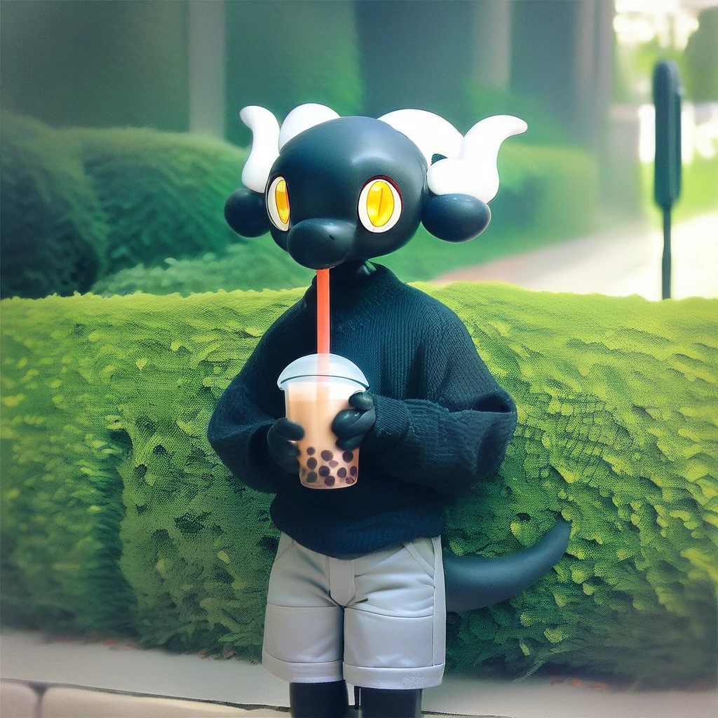 score_9_up, score_8_up, score_7_up, source_furry, balloons, mikus-balloon, balloon, black dragon, black body, white horns, yellow eyes, park, holding, bubble tea, black sweater, gray shorts, 1boy, solo