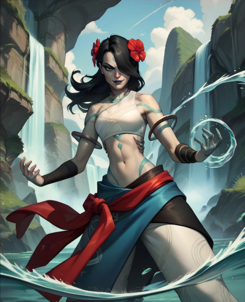 score_9,score_8_up,score_7_up,score_6_up,
alanixl,black hair,hair over one eye,tattoos,gills,
hair flower,white crop top,bare shoulders,sarong,red sash,floating armlets, webbed hands, 
smug,water magic,fighting stance,
waterfall,morning,<lora:AlaniXL:0.9>,