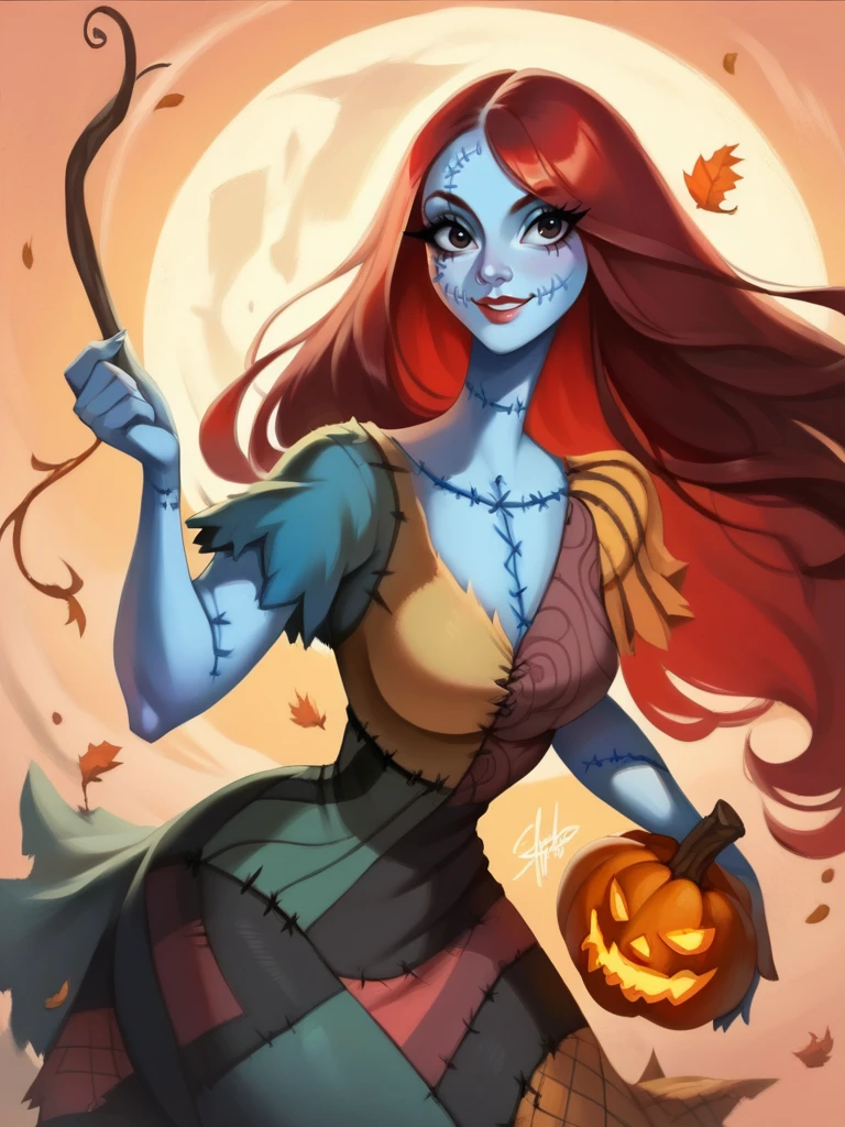 score_9, score_8_up, score_7_up, 1girl, holding an pumpkin, detailed background, smile, looking at viewer, smile, cowboy shot, (dynamic pose:1.1), dynamic angle, sexy pose, from above,
 <lora:SallyXLP_character:1>, SallyXLP, red hair, long hair, black eyes, stitches, dress, patchwork clothes, narrow waist, colored skin, blue skin,  <lora:Bonifasco_PonyXL_v1:0.6>