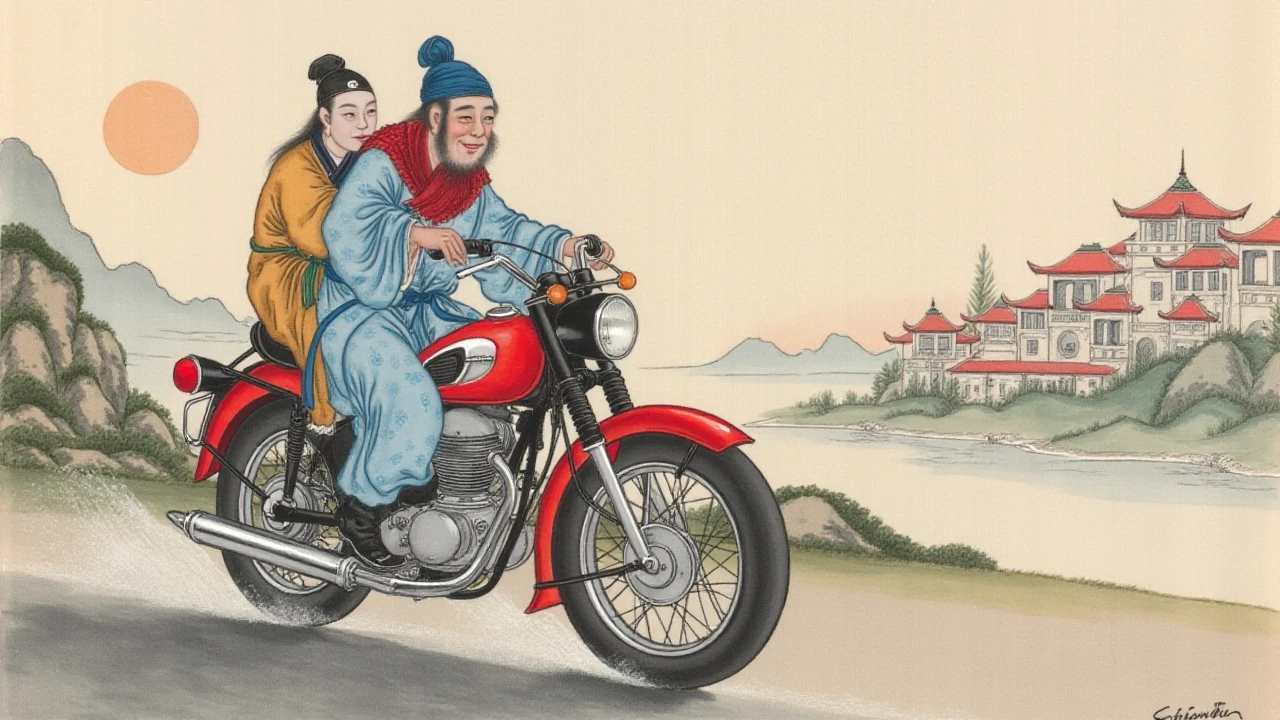 <lora:Liaozhai_flux_style:1>,Liaozhai,This is a detailed, traditional Chinese ink painting on silk, depicting an elaborate scene from a historical or mythological context. Characters from the Chinese myth of Journey to the West, ((Monkey King)) on a motorcycle,hyper-realistic, ultra-high definition, photo texture, film