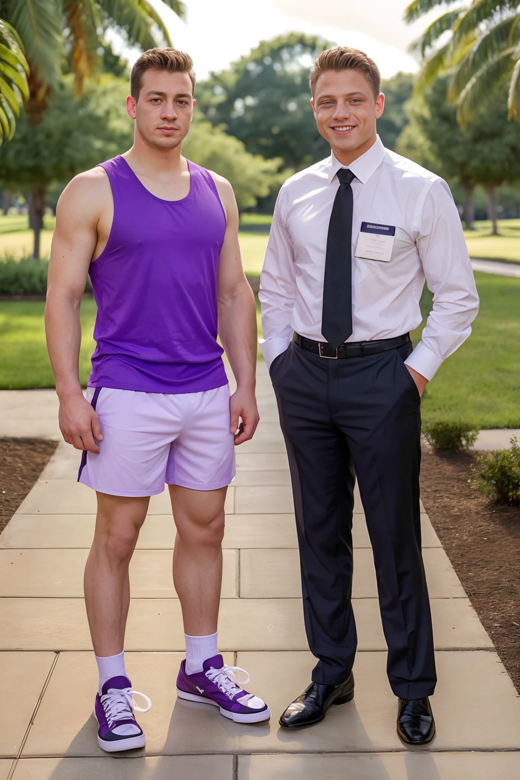 two men standing next to each other, looking at viewer, (((full body portrait))), wide angle 
ADDBASE porch of suburban home, standing on porch,
ADDCOMM MarkLong, chin scruff, bored, slightly annoyed, (pale purple tank top:1.2), (white gym shorts:1.2), socks, (black Converse sneakers) <lora:MarkLong:0.42>
ADDCOL LoganAarons, smiling, mrmn shirt and tie, black tie, (name tag), holding black book, <lora:LoganAarons:0.42> <lora:mrmn_lora:0.4>