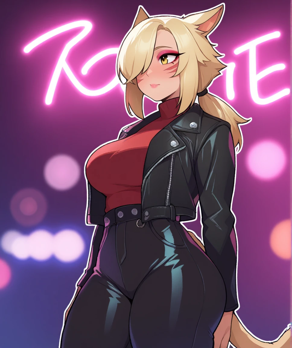 masterpiece, best quality, very aesthetic,gloss, uncensored,
BREAK
1girl,miqo'te,cat tail,cat ears,blonde hair,long hair,low ponytail,hair over one eye,yellow eyes,large breasts, cowboy shot, nightclub, neon lights, bokeh, depth of field, makeup, leather jacket, turtleneck, high waist pants
 <lora:maidcousin_ill-fandango:0.8>