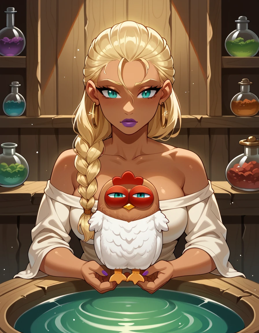 score_9, score_8_up, score_7_up, score_6_up, score_5_up, score_4_up, 1girl, solo, sphinx, Alchemist with a cauldron full of bubbling brew, Madame, Tall, Wide Hips, Round Face, Dark Skin, Blonde Hair, turquoise Eyes, Long Nose, Pouty Lips, Sharp Chin, Shoulder-Length Hair, Straight Hair, Boho Braid, natural breasts, Hoop earrings, violet stain lipstick, Dragon, Hobbit Hole, Wizard's Guild,  hud_ch1cken_purs3, bird, animal, chicken, <lora:purse:0.8>